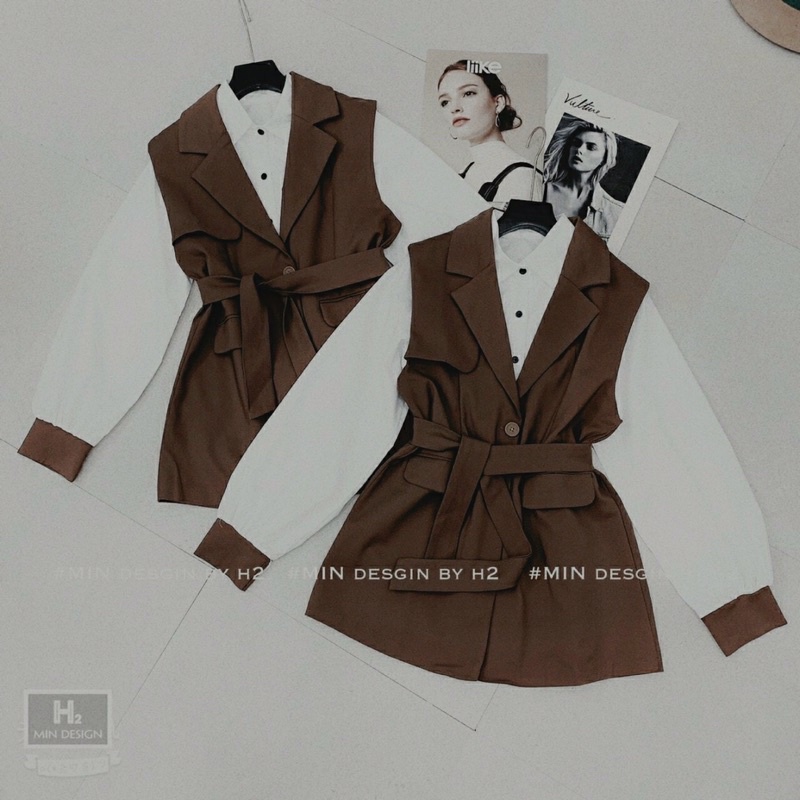 Set 2 món áo sơ mi phối váy kèm đai thắt