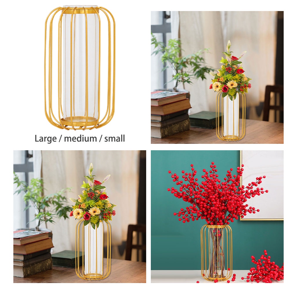 Bình hoa thủy tinh khung sắt màu vàng phong cách Bắc Âu dùng trang trí nhà cửa/văn phòng