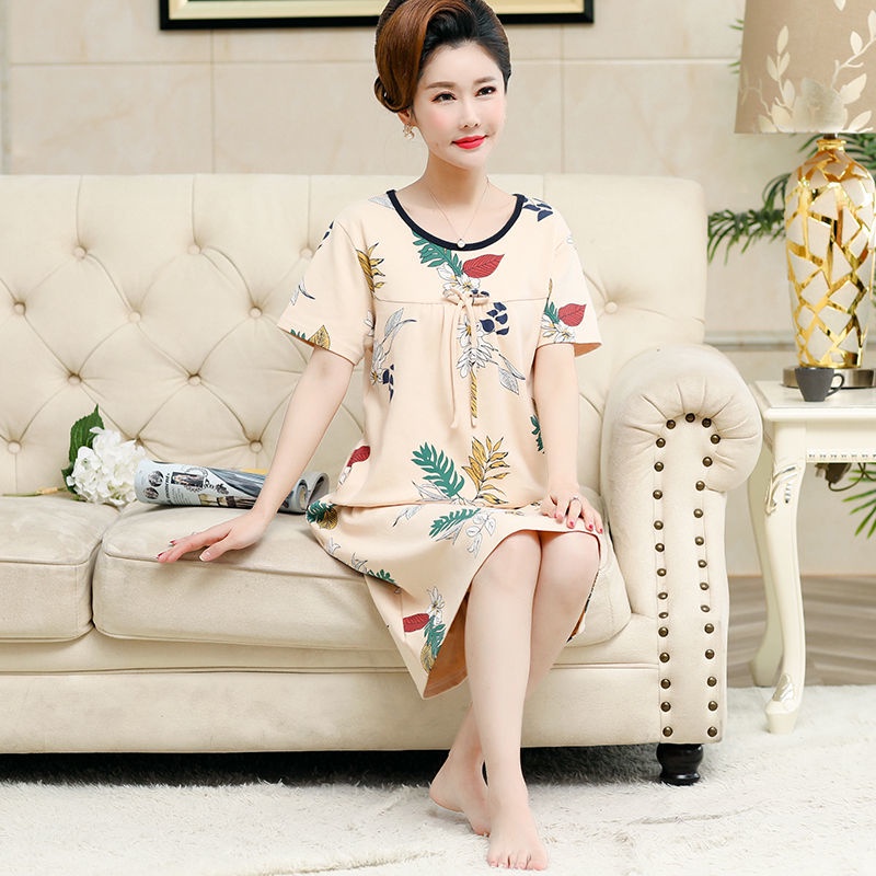Váy ngủ của phụ nữ trung niên và cao tuổi mùa hè mẹ cotton ngắn tay phần mỏng bộ đồ dài cộng với trang phục mặc nhà cỡ l