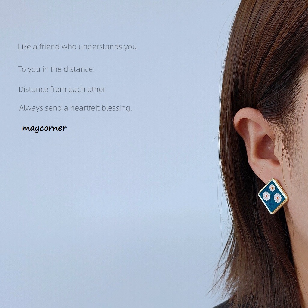 Khuyên tai petro xanh hoa cúc mạ bạc 925 cao cấp