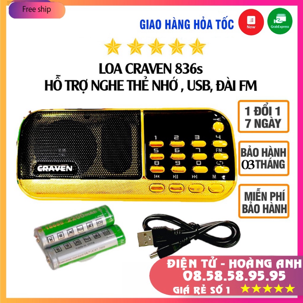 Loa đài Craven CR 836s, máy nghe nhạc đọc kinh phật dùng thẻ nhớ, USB,FM pin siêu trâu CR 853