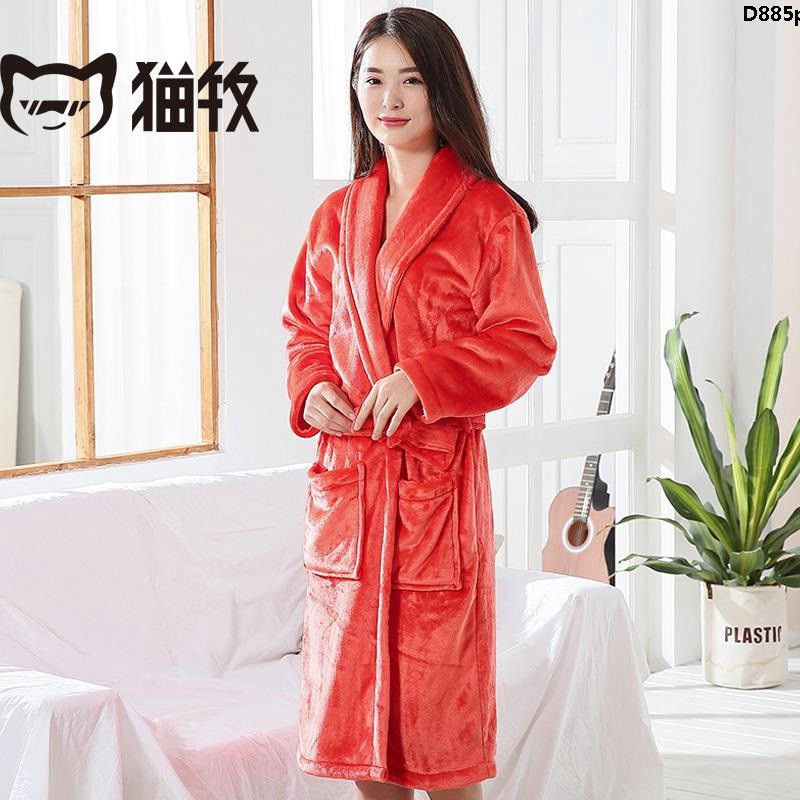 Áo choàng ngủ vải Flannel dáng dài thời trang mùa đông cho nữ