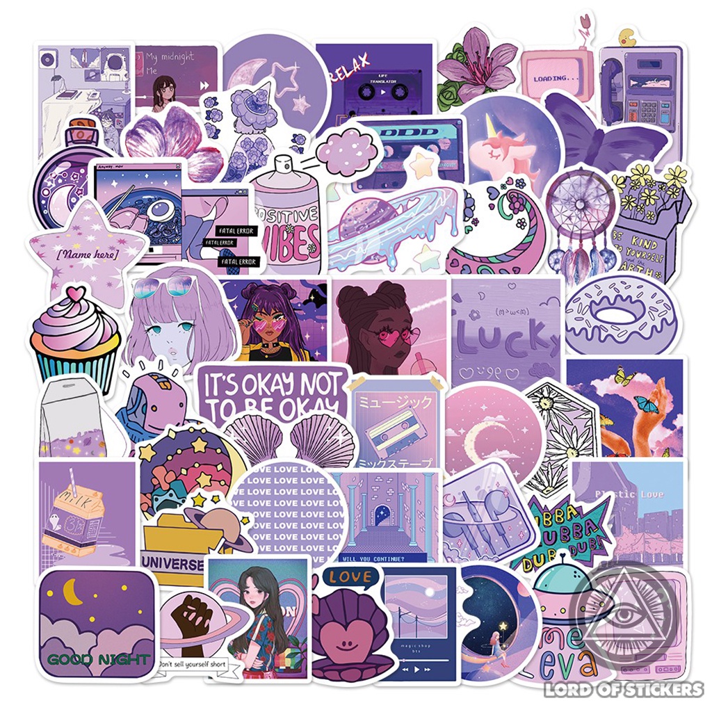 Set 50 Nhãn Dán Hoạt Hình Cute Sticker Tông Màu Tím Pastel Chống Thấm Nước Dễ Thương Trang Trí Mũ Bảo Hiểm, Laptop, Sổ