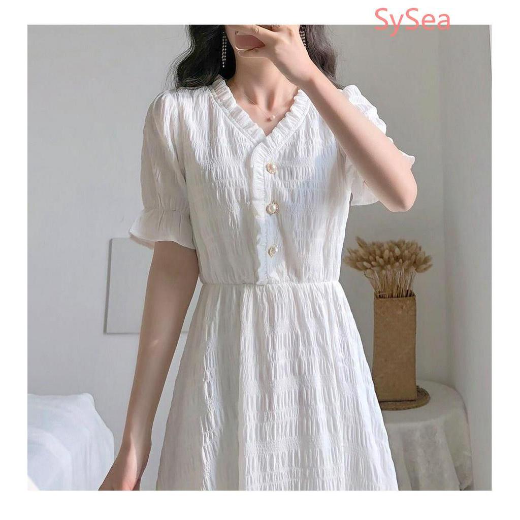 Đầm tay ngắn màu trắng thời trang nữ phong cách retro