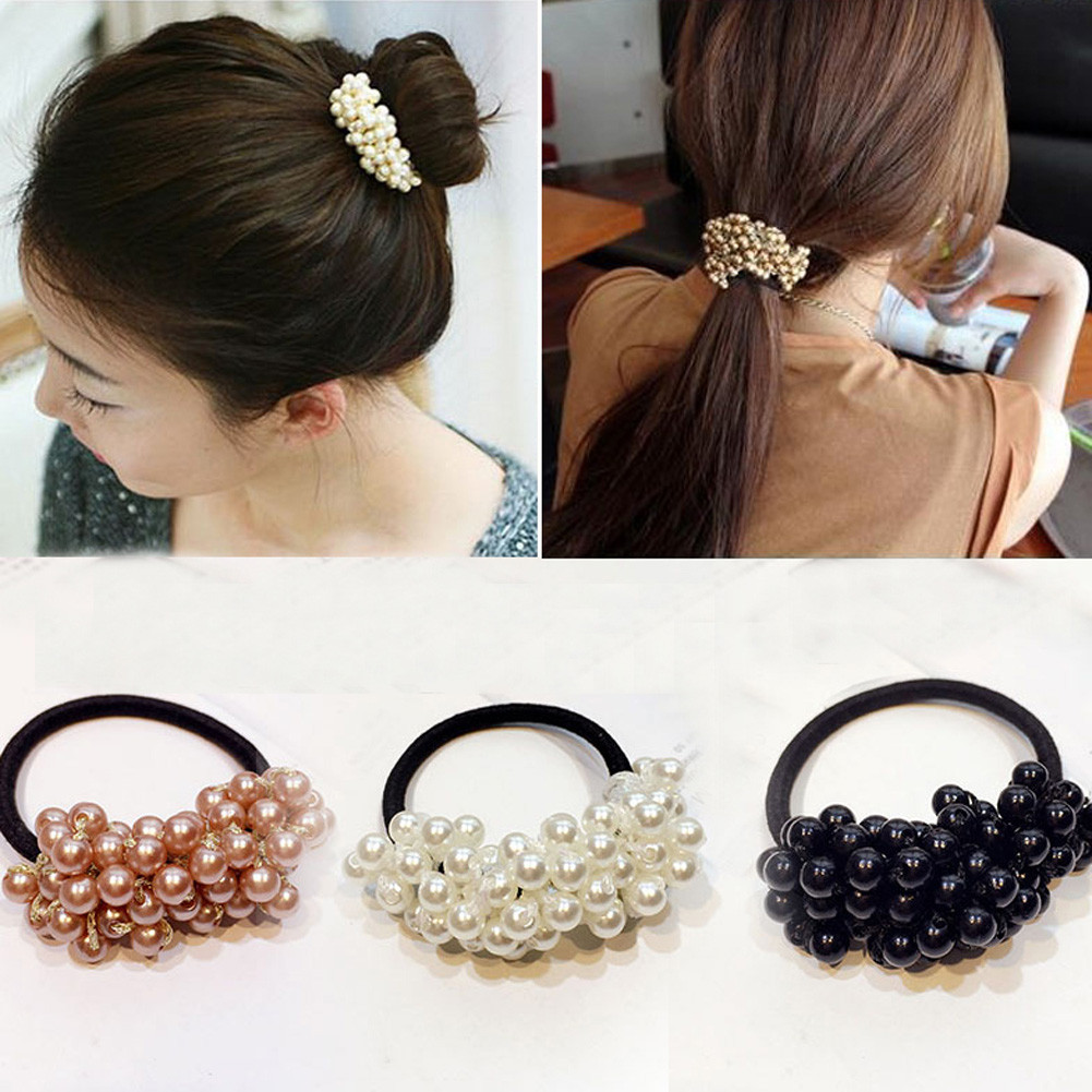 Women Fashion Pearls Beaded Hair Rope Elastic Ponytail Holder Girls Scrunchies