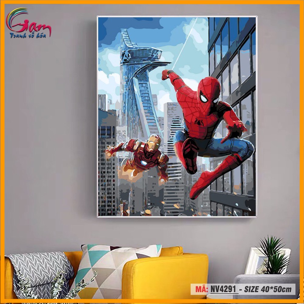 Tranh trang trí tự tô màu theo số Tranhsohoavn người nhện và người sắt Spider man và Iron man NV4291