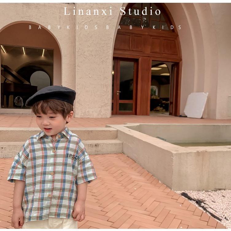 Bộ Áo Thun Cotton Tay Ngắn Và Quần Ngắn Họa Tiết Caro Phong Cách Hàn Quốc Thời Trang Mùa Hè Cho Bé Trai