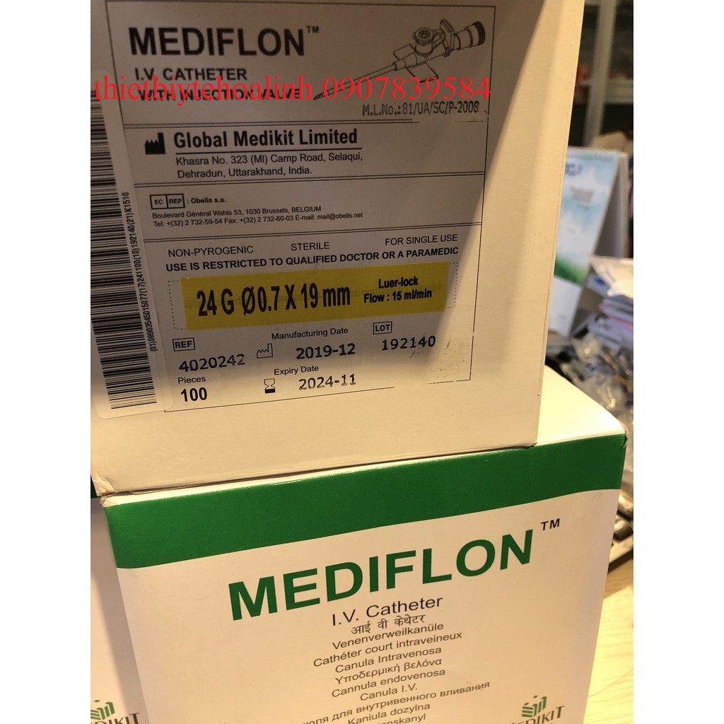 Hộp 100 cây Kim luồn tĩnh mạch Mediflon 18G, 20G,22G,24G