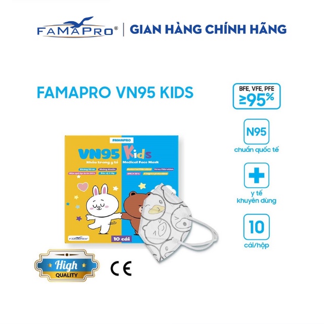 Khẩu trang y tế trẻ em kháng khuẩn 4 lớp Famapro VN95 Kids cho trẻ 4-8 tuổi (10 cái/hộp)