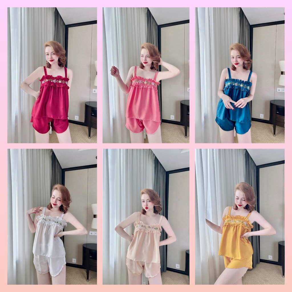 Set đồ bộ ngủ nữ sexy 2 dây dễ thương quần đùi vải satin