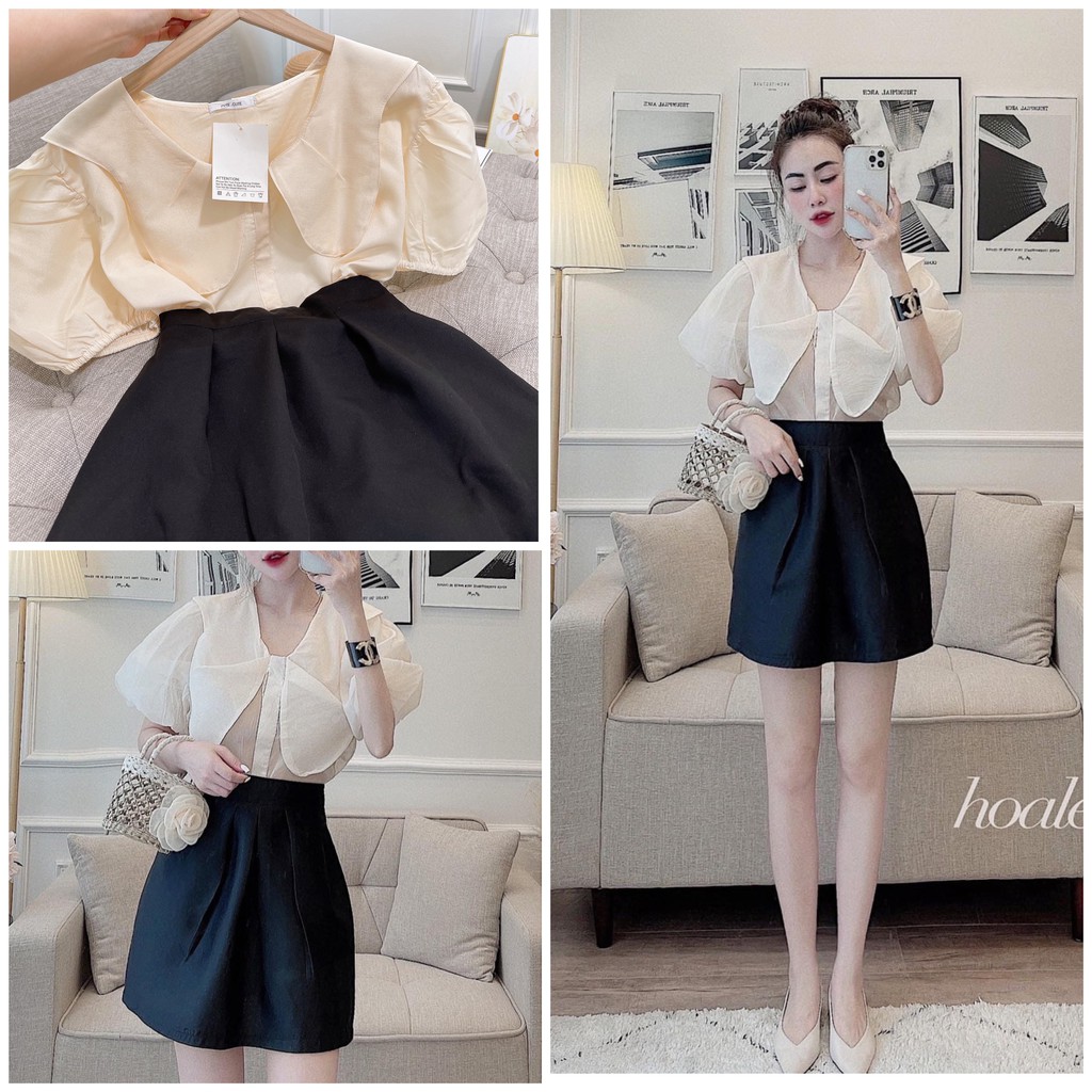 Set áo sơ mi cổ sen tơ mix chân váy chữ A xinh xắn AH40