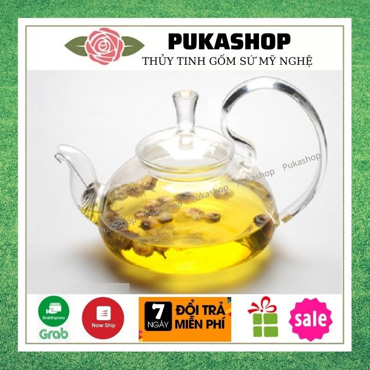 Ấm Trà Thủy Tinh Chịu Nhiệt Cao Cấp, Bình Trà Có Chặn Đầu Vòi Inox, Ấm Quai Vổng Size 600ml Puka A2