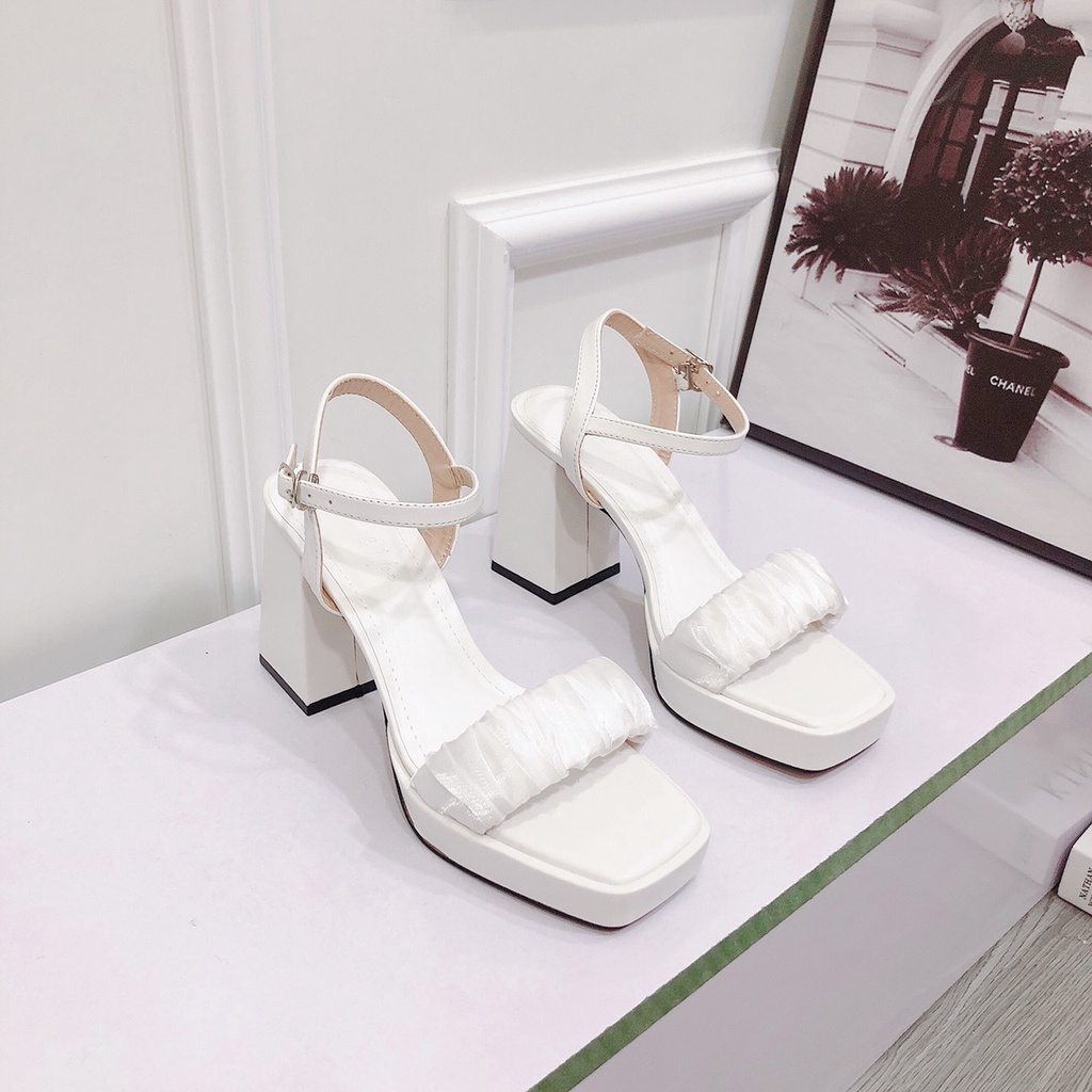 Sandal Cao Gót 9p Mũi Đúp 2p Quai Ngang Lụa Nhúm Cute Lên Chân Cực Xinh - Sandal Nữ Gót Vuông ChiChanh Store
