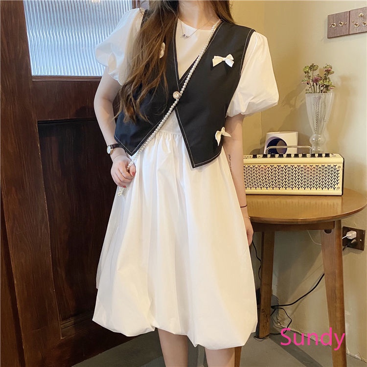 Plus Set Áo Tay Phồng + Đầm Phong Cách Retro Pháp Cho Nữ