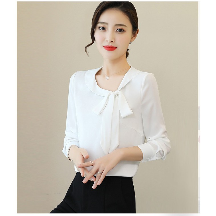 Áo sơ mi nữ công sở tay dài cổ bèo cột nơ lệch bên. | BigBuy360 - bigbuy360.vn