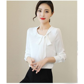 Áo sơ mi nữ kiểu cổ cột nơ lệch_công sở.