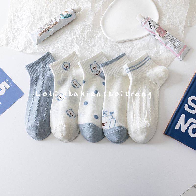 Tất Vớ Nữ Cổ Ngắn Họa Tiết Gấu Xanh Dễ Thương (TN037)