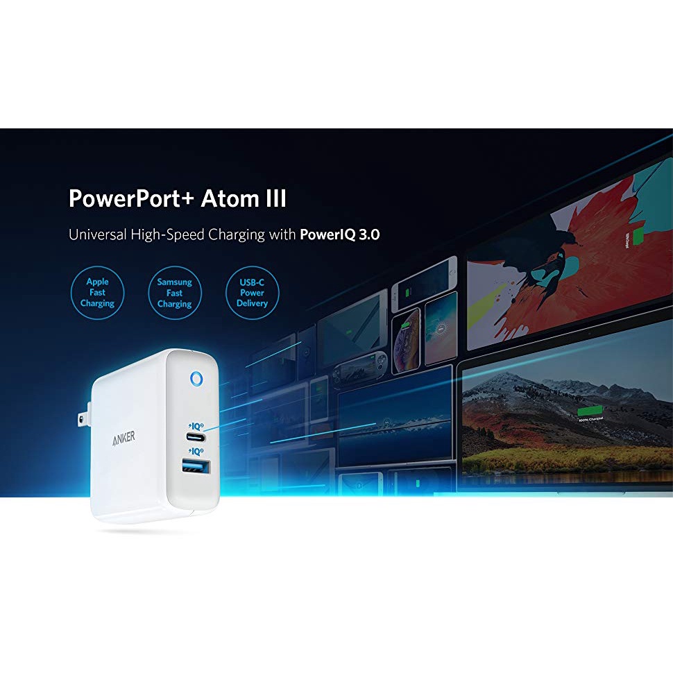 Sạc ANKER 2 cổng PowerPort Atom III 60w PIQ 3.0&amp;GaN - A2322 Đen Bảo hành 1 đổi 1 24 tháng, quà tặng cáp ngắn