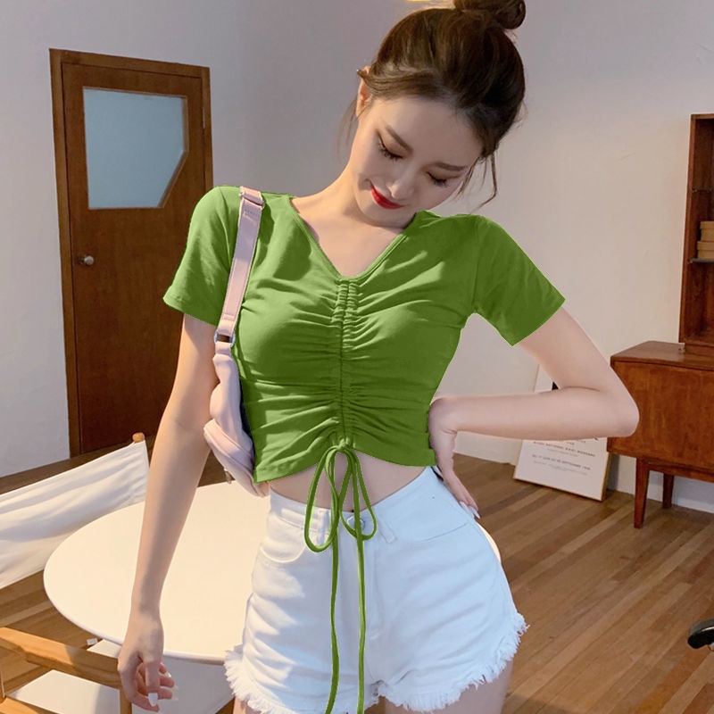 Áo Croptop Tay Ngắn Cổ Chữ V Lưng Cao Phối Dây Rút Thời Trang Quyến Rũ Cho Nữ