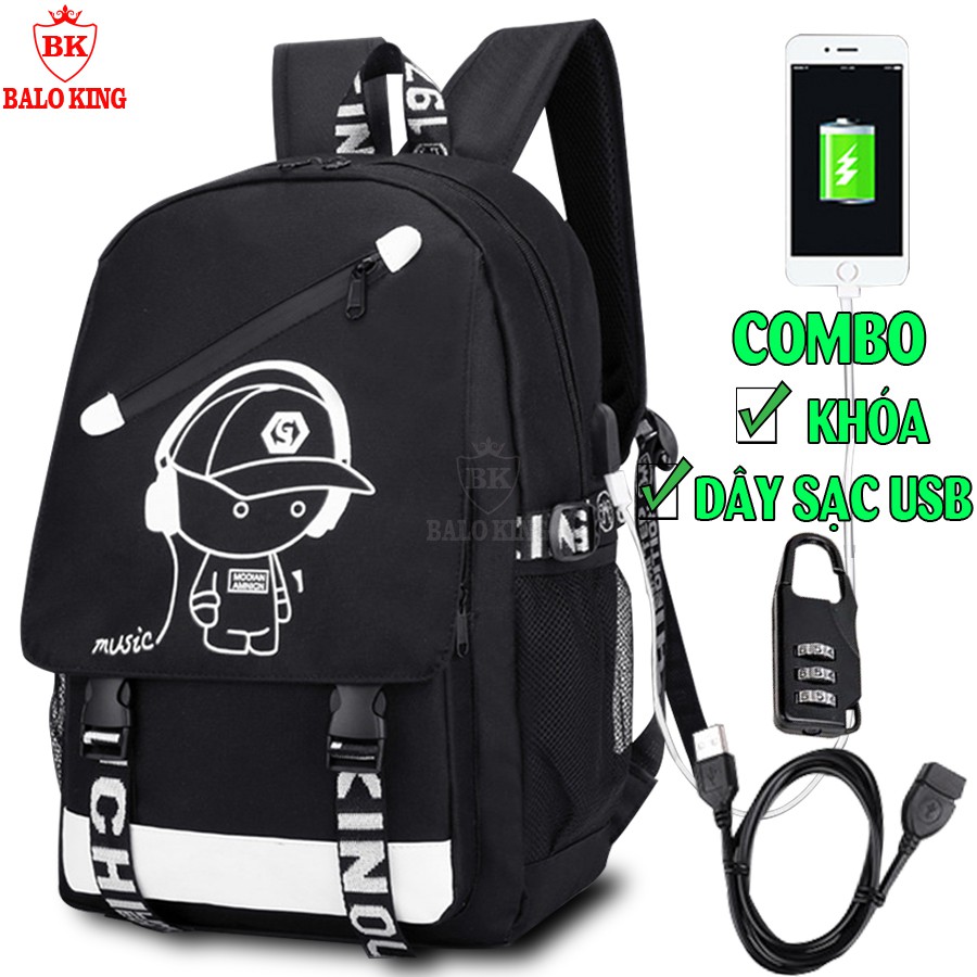 Combo balo đi học phát sáng dạ quang Baloking cao cấp + Dây cáp sạc USB xịn + Khóa số thông minh Mẫu HOT nhất năm nay