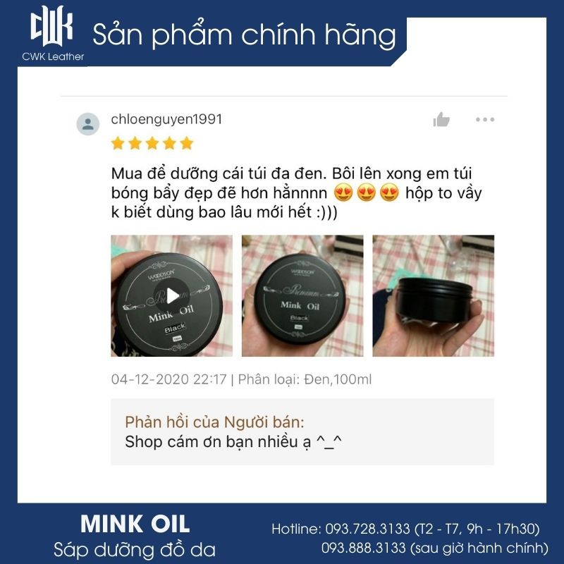 [Chính Hãng Woodson] Mink oil dầu chồn màu đen chuyên bảo dưỡng và phục hồi đồ da, túi xách, áo, ví, giày da