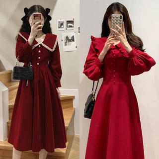 Đầm midi đỏ cổ sen bèo tay dài phồng nút đồng