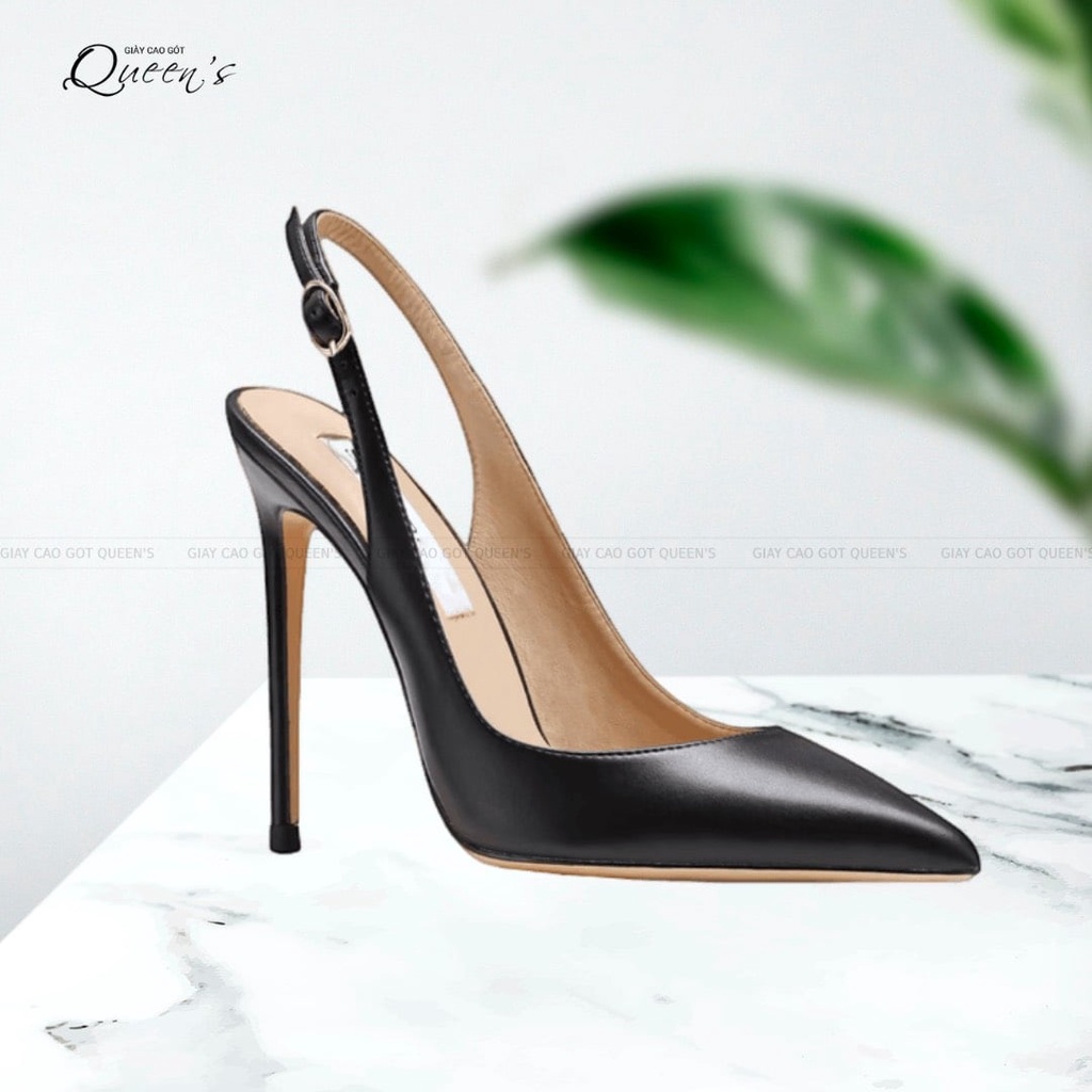 Giày Cao Gót Slingback Màu Đen Da Lì Mũi Nhọn Hở Gót Quai Sau Cho Nữ Công Sở, Giày Xăng Đan Nữ Dự Tiệc Cao 9-11 Phân