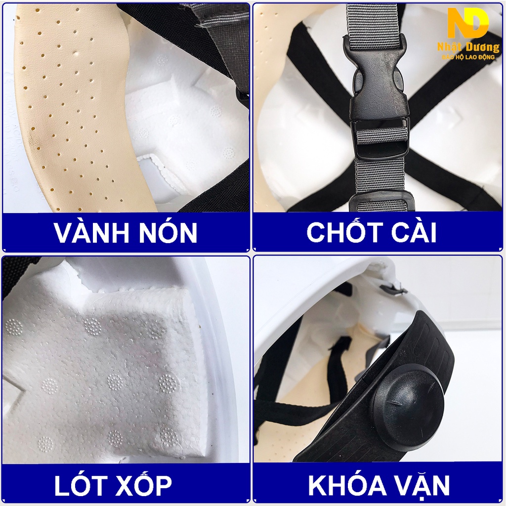 Mũ bảo hộ lao động khóa vặn lót xốp màu trắng N03, Nón bảo hộ lao động Nhật Dương cho công trình