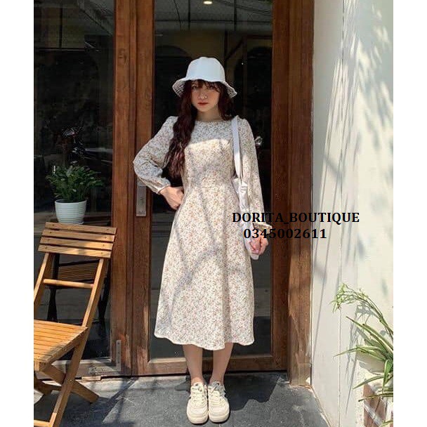 Váy hoa nhí vintage dáng dài 2 lớp, thắt nơ eo - Đầm hoa vintage - Dorita Boutique