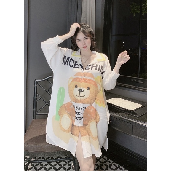 Đầm mặc nhà LỤA tay dài cổ sơ mi phom rộng thoải mái (bầu bí bon chen được)