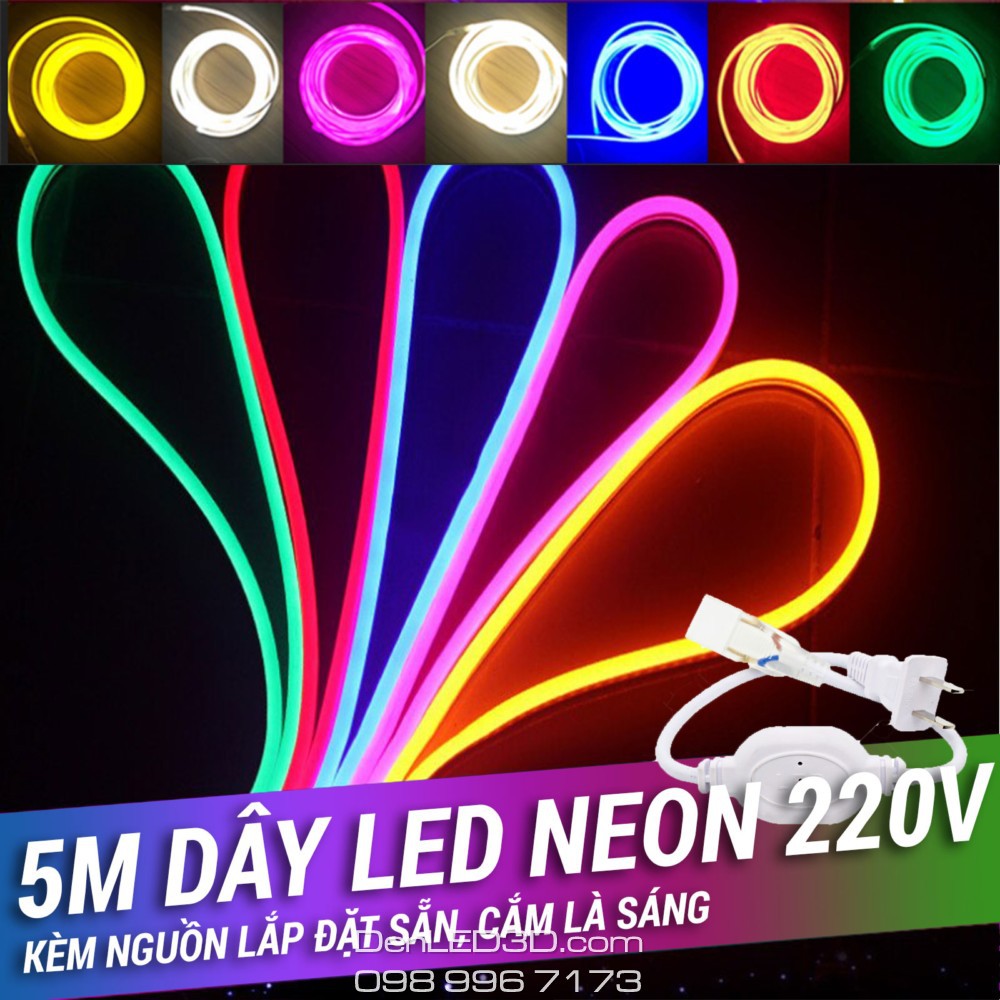 Cuộn LED Neon 5 Mét 220V Kèm Nguồn Cắm Là Sáng - Đèn Trang Trí Ngoài Trời Chống Nước