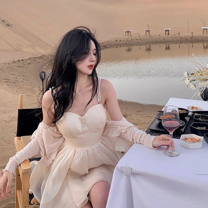 [MURIOKI] Đầm Lụa Hai Dây Dáng Chữ A Lấp Lánh Phong Cách Pháp Thời Trang Dự Tiệc Cho Nữ