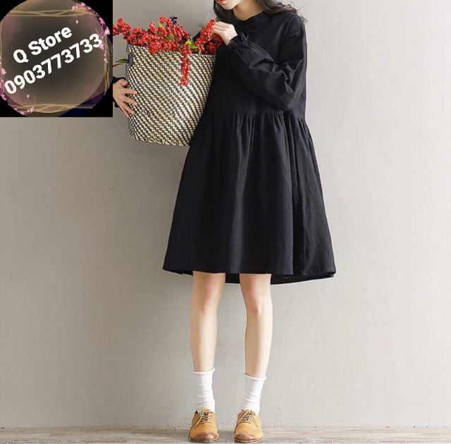 Đầm babydoll đen cổ nơ nút sau | BigBuy360 - bigbuy360.vn