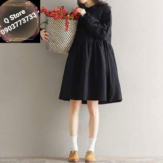 Đầm babydoll đen cổ nơ nút sau