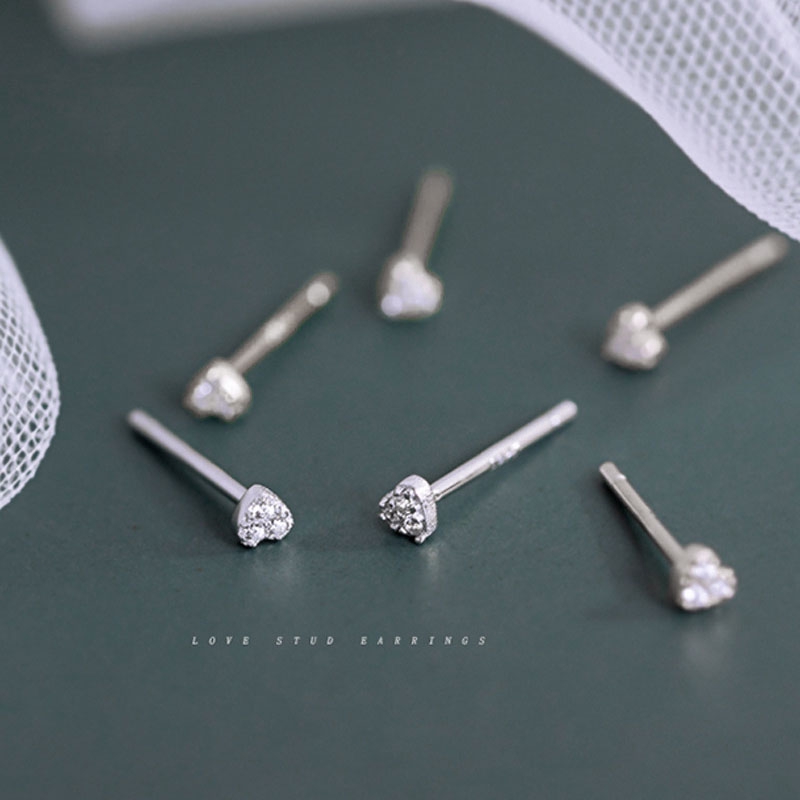 Bông Tai Hình Trái Tim Đính Đá Zircon Mini Màu Bạc Dễ Thương Cho Nữ