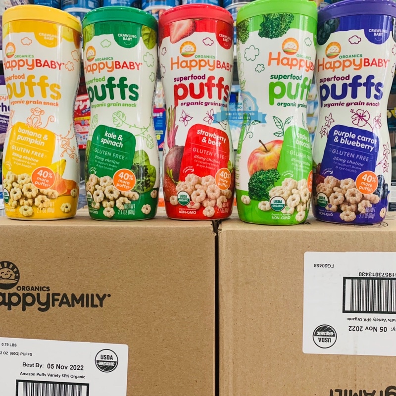 Bánh Happy Baby Organic Puff các vị, bánh ăn dặm hữu cơ dinh dưỡng cho bé từ 6 tháng tuổi