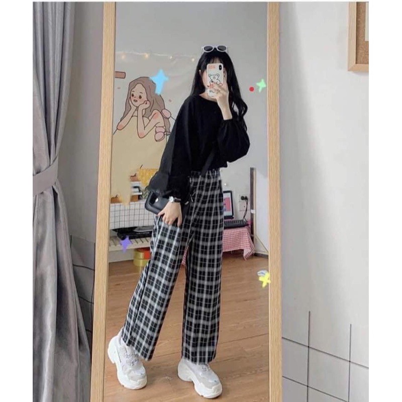 Quần kẻ CARO ống rộng siêu hot ( giao màu ngẫu nhiên )