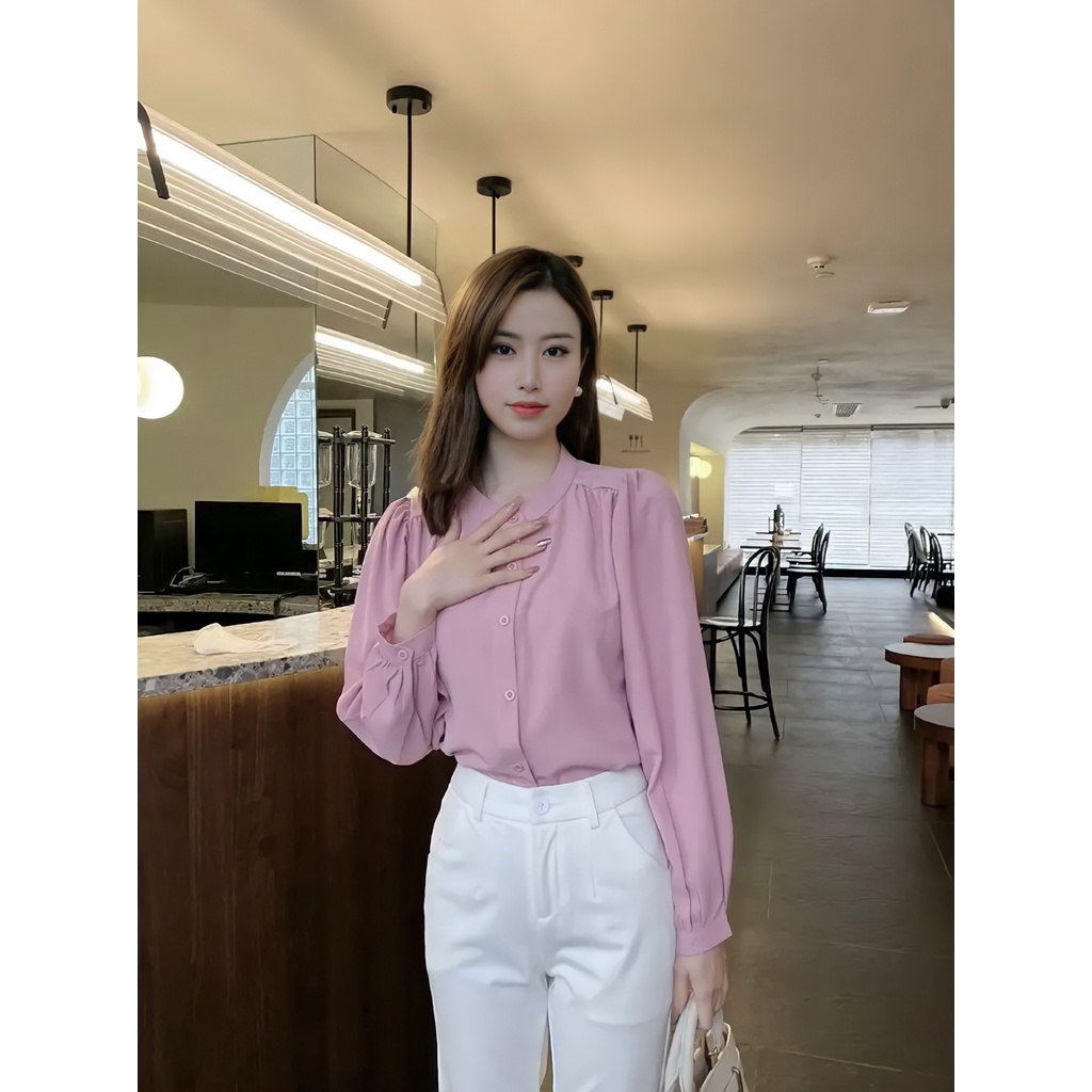 Set bộ công sở nữ áo sơ mi quần tây đẹp kiểu Hàn Quốc form rộng tay dài chất lụa cao cấp màu Trắng Đen Hồng