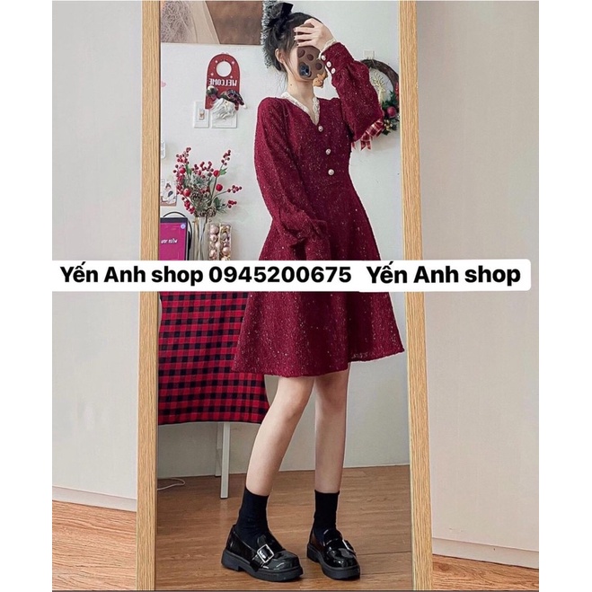 Váy dạ tweet pha ren cổ cúc ngọc