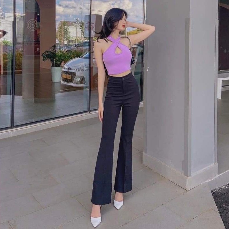 Quần ống loe cạp cao tôn dáng dài màu đen nâu chất vải tuyết mưa mềm Quần tây ống loe lưng cao hack dáng đi học công sở