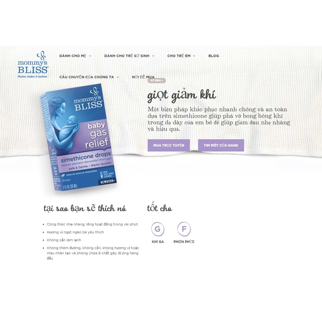 Siro Gripe Water Mommy's Bliss hỗ trợ tiêu ga, giảm đầy hơi, giảm đau bụng ở trẻ sơ sinh.