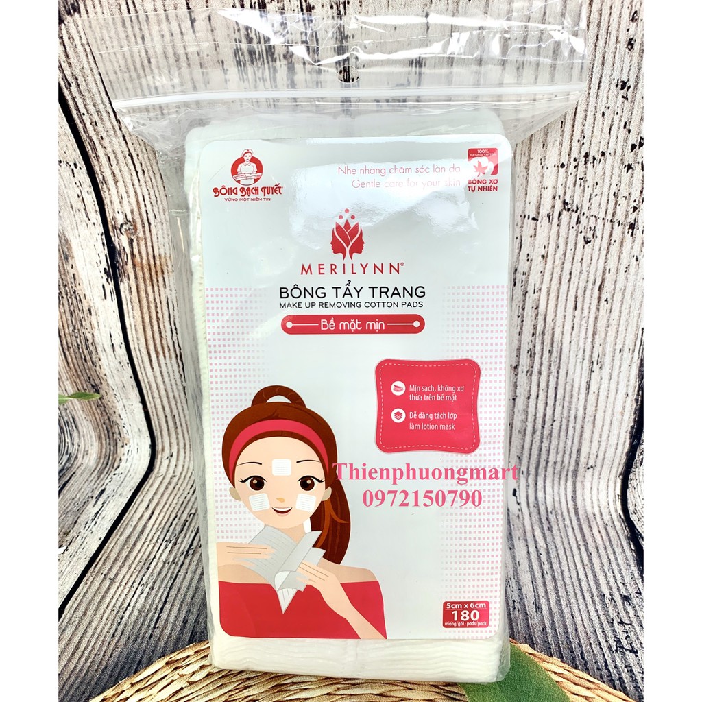 Bông tẩy trang bề mặt mịn Merilynn 180 miếng/ gói – Bông đắp Lotion mask Kotton Beauty chính hãng Bông bạch Tuyết