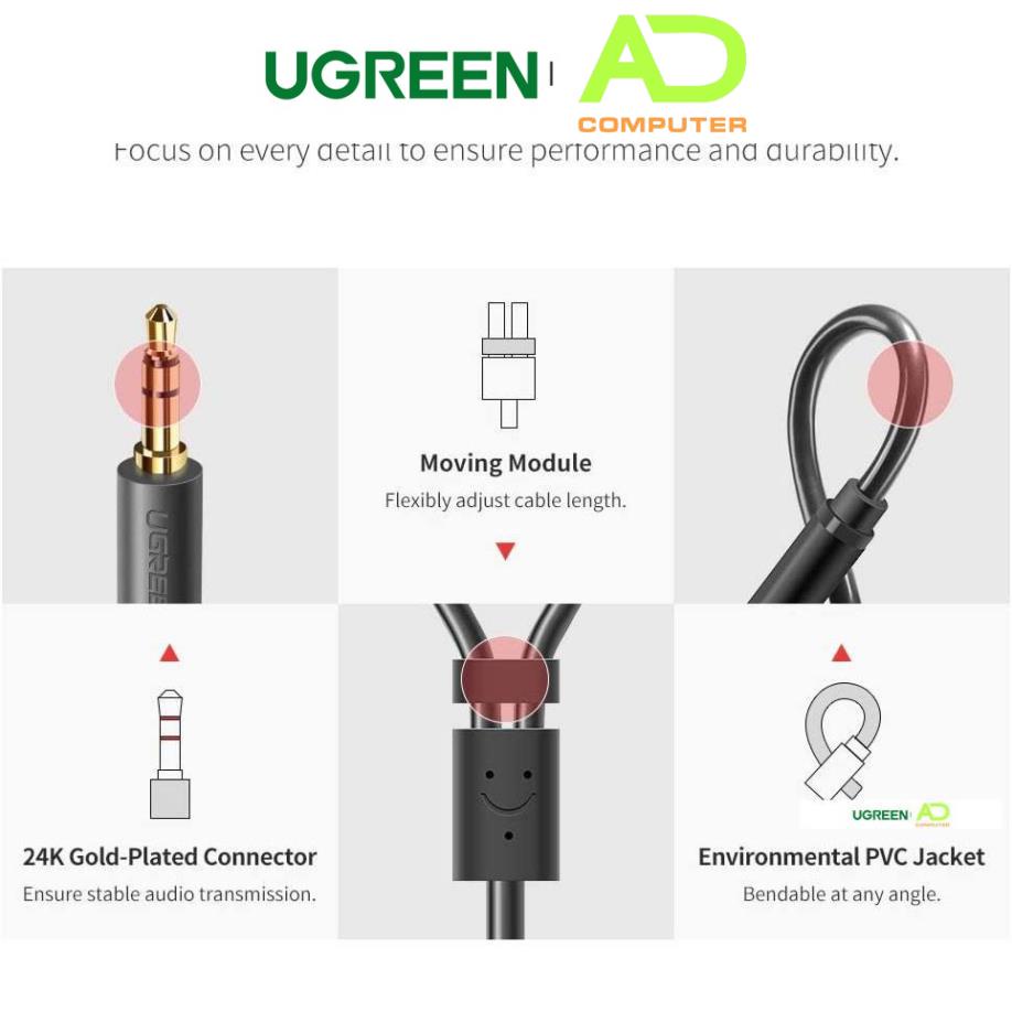Cáp âm thanh chuyển jack 3.5mm sang 2 đầu hoa sen RCA dài 20CM - UGREEN 10547 (màu đen)