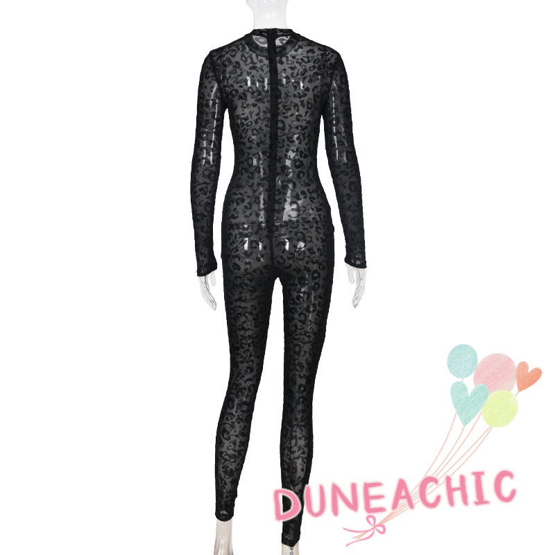 DUNEA Áo liền quần Tay Dài Xuyên Thấu Họa Tiết Da Báo Quyến Rũ Cho Nữ