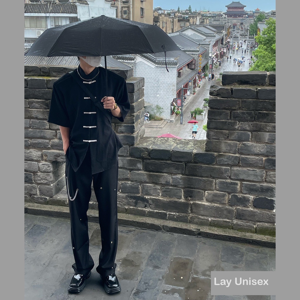 Áo Shanghai vải Tổ Ong Nút tàu Trắng form unisex