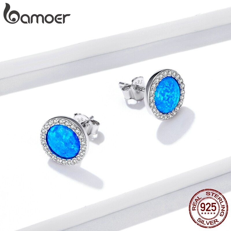 Khuyên Tai Bamoer Bse467 Bạc Thật 925 Đính Đá Opal Cz Tròn Xanh Lam Thời Trang Cưới Cho Nữ