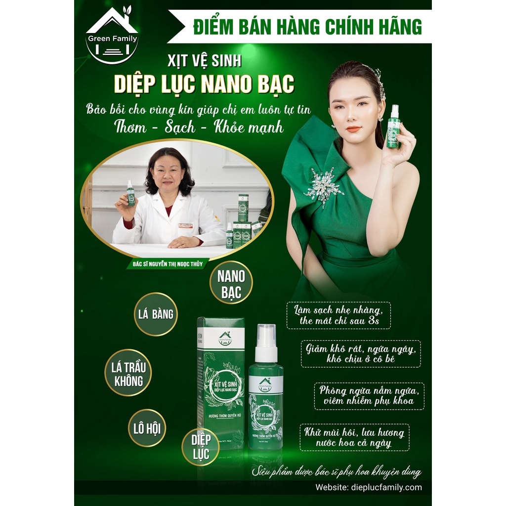 Xịt Diệp Lục Nano Bạc (Sỉ 5 Hộp) Kháng Khuẩn, Giảm Mùi Hôi, Ngứa Ngáy, Phòng Ngừa Viêm Nhiễm, Nấm Ngứa - Green Family