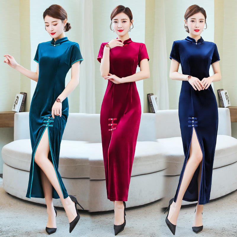 Long Cheongsam Autumn Vintage Velvet Tang Suit Sexy Women Dress Traditional Dresses M To 4XL Wine Red