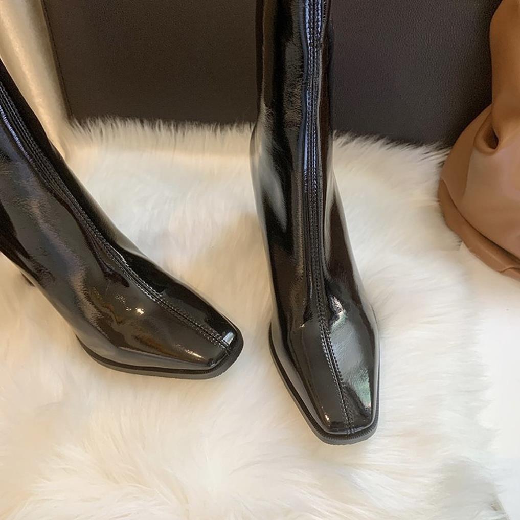 Giày Bốt Martin Nữ Ulzzang, Giày Da Cao Gót Mũi Nhọn Cổ Cao Đế Vuông Giả Gỗ 7cm Phong Cách Hàn Quốc - Iclassy_shoes WT
