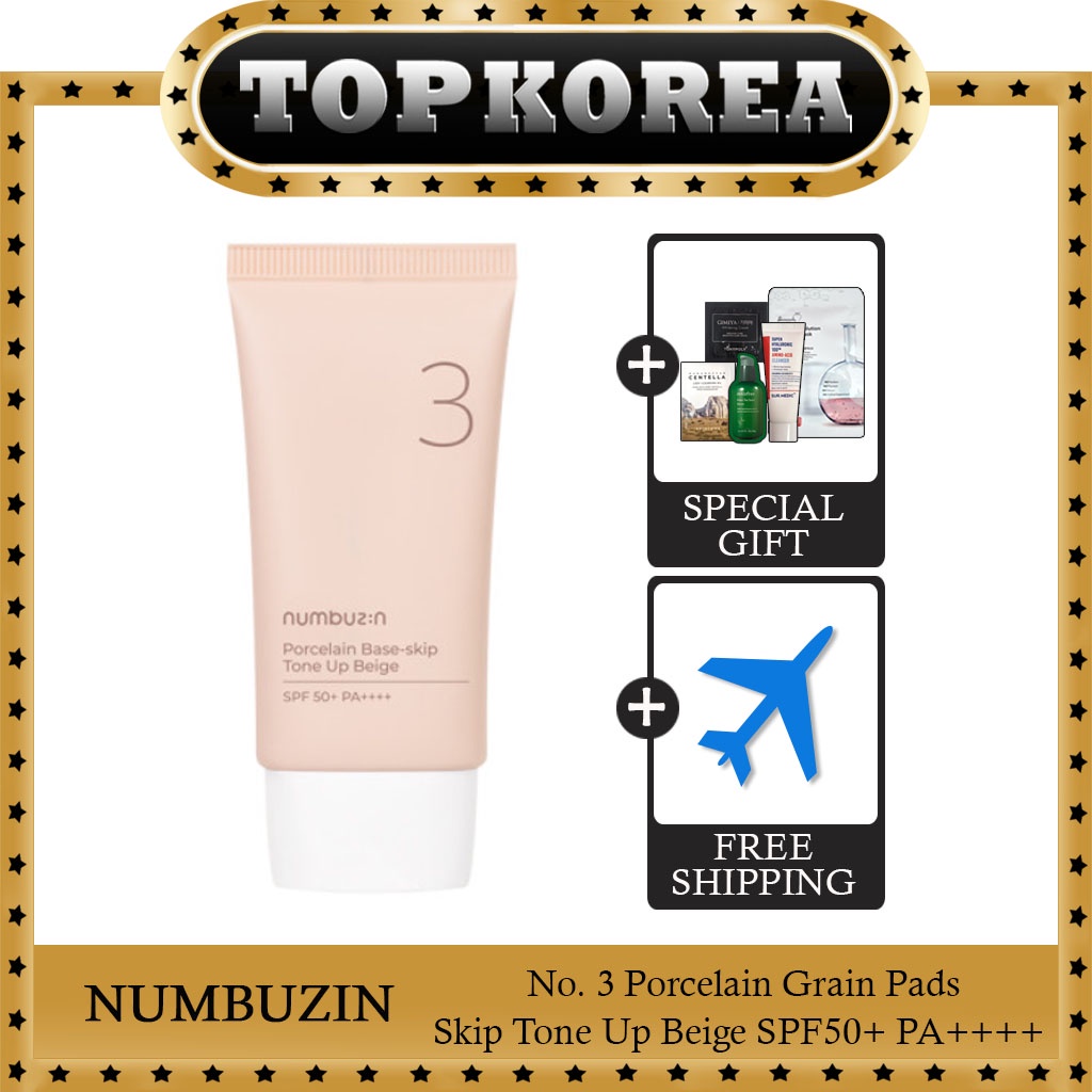 /// Numbuzin No. 3 Porcelain Grain Pads Skip Tone Up Beige 50ml SPF50+ PA++++ ///  Kem nền gốm sứ Numbuzin số 3 nâng tông bỏ qua lớp nền màu beige 50ml SPF50 + PA ++++ / TOPKOREA / Shipping from korea